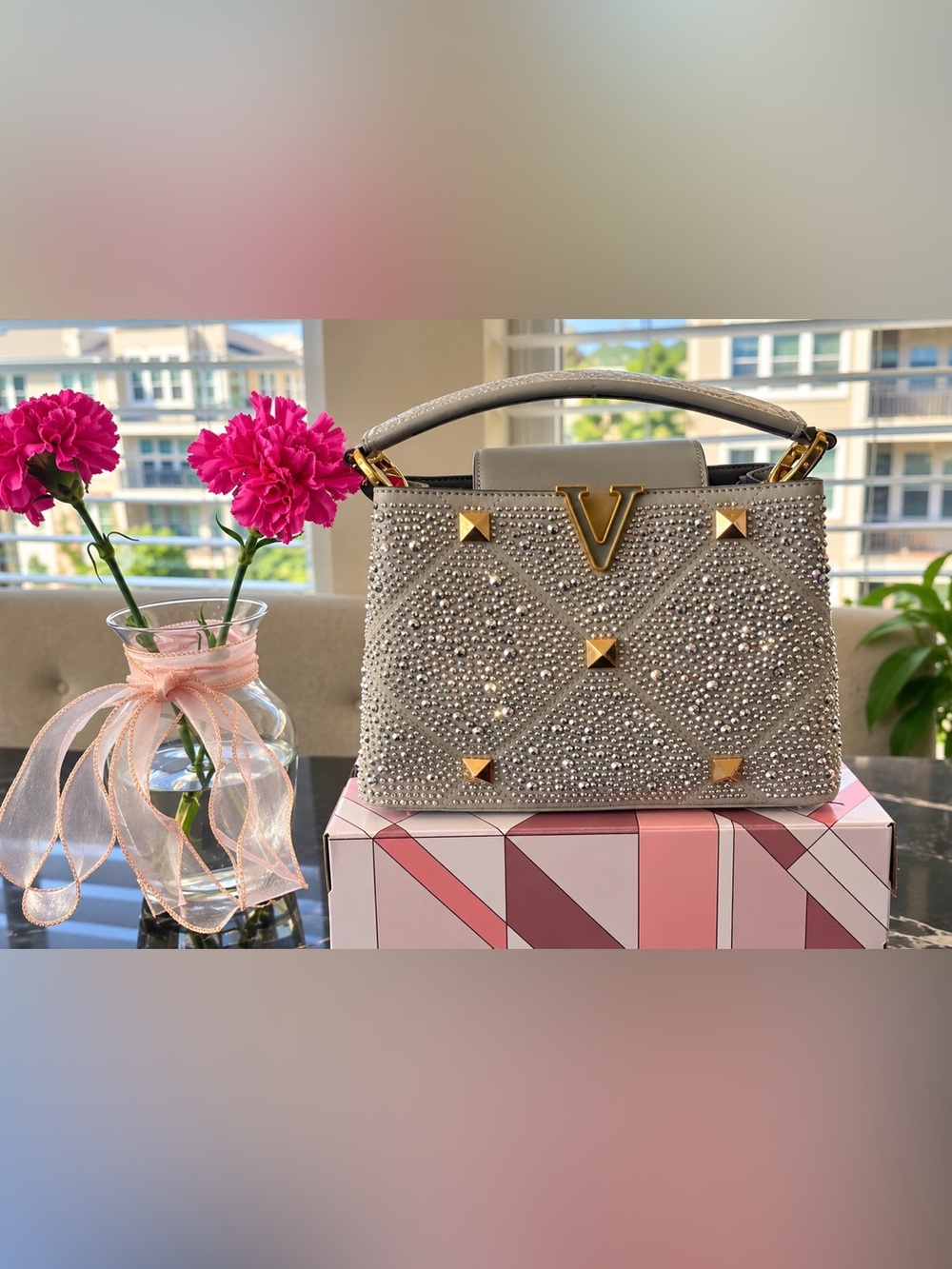Embellished Grey Mini Top-Handle Bag with Gold Accents
